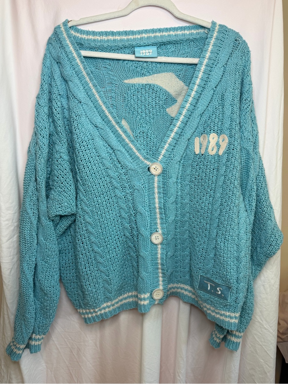 Taylor Swift 1989 Cable Knit V-Neck Cardigan Sweater - Light Blue, Authentic